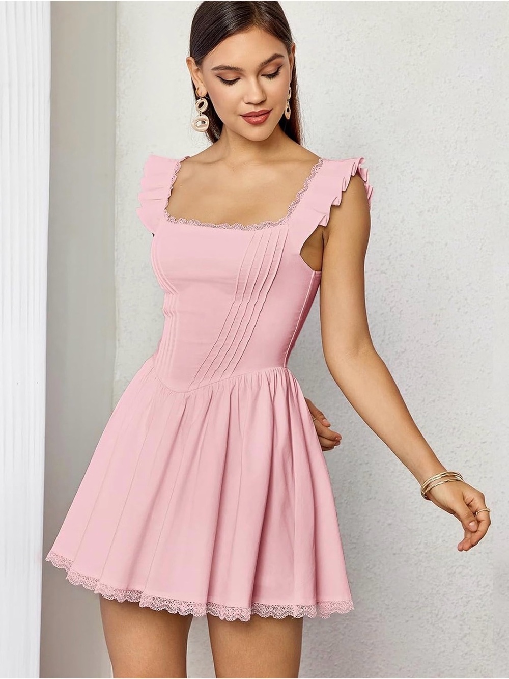 Women's Pink Ruffle Square-Neck Fit & Flare Dress